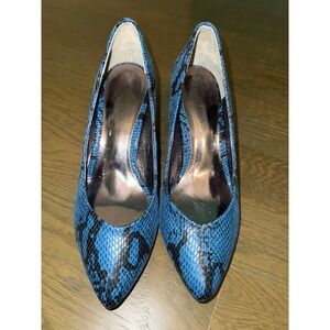 Marco Santi Blue Snakeskin Embossed Pointed Toe Kitten Heel Pumps Shoes Womens